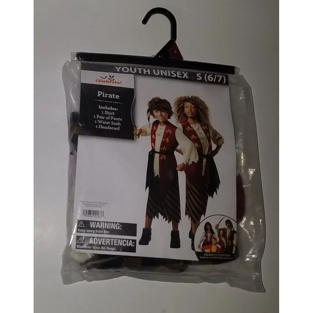NEW Pirate Halloween Costume Unisex Boy Girl Small 6-7 Shirt Pants Headscarf